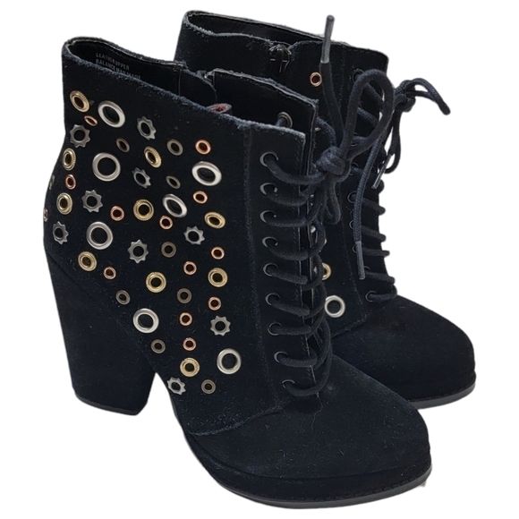 Seychelles Black Suede Platform Bootie Studded Chunky Heel Lace Up 90s Y2K 8 - Picture 1 of 14